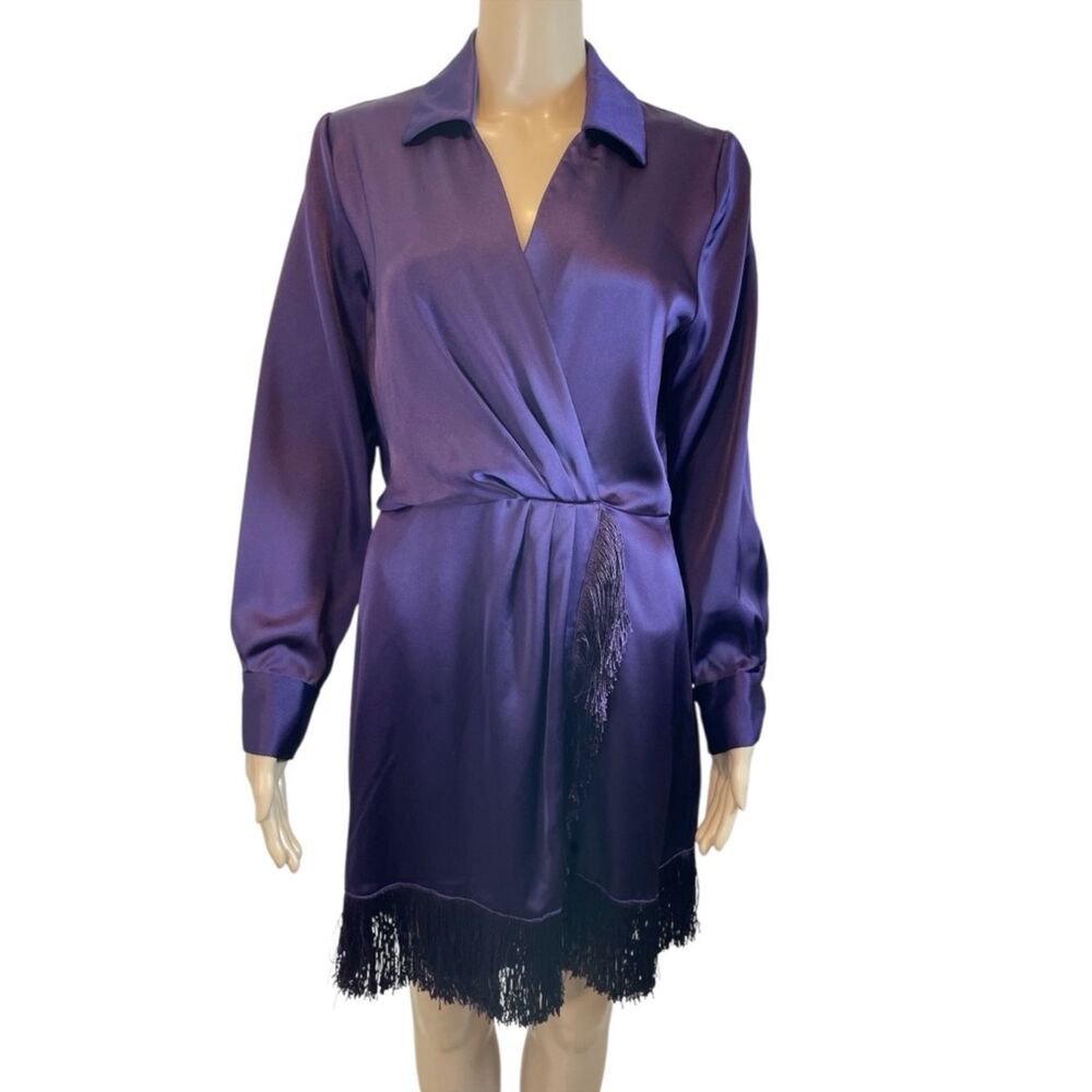 Zara Purple Satin Mini Fringe Wrap Purple Dress  size M